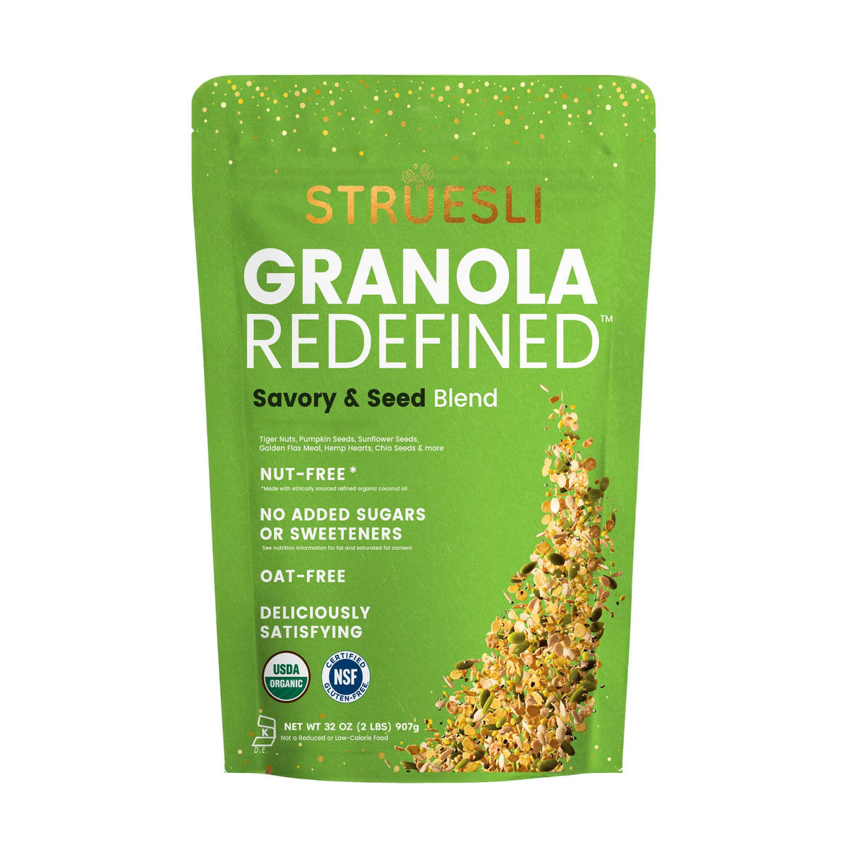 Struesli Savory & Seed granola bag ready for on-the-go grain-free snacking