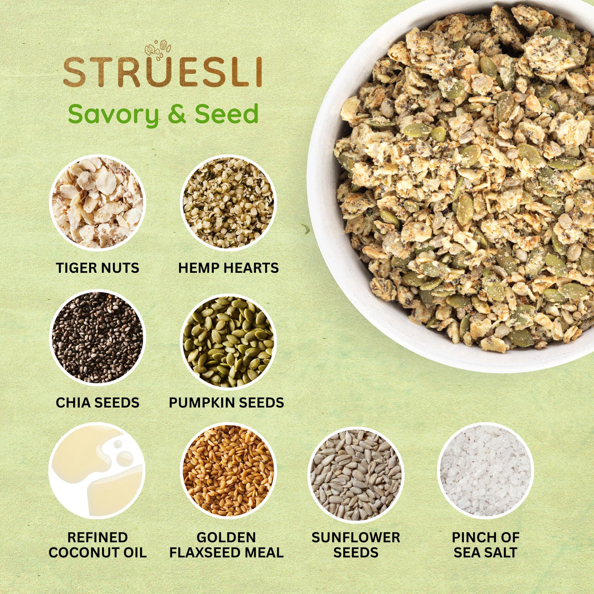 Photo of Struesli Savory & Seed ingredients highlighting organic seeds