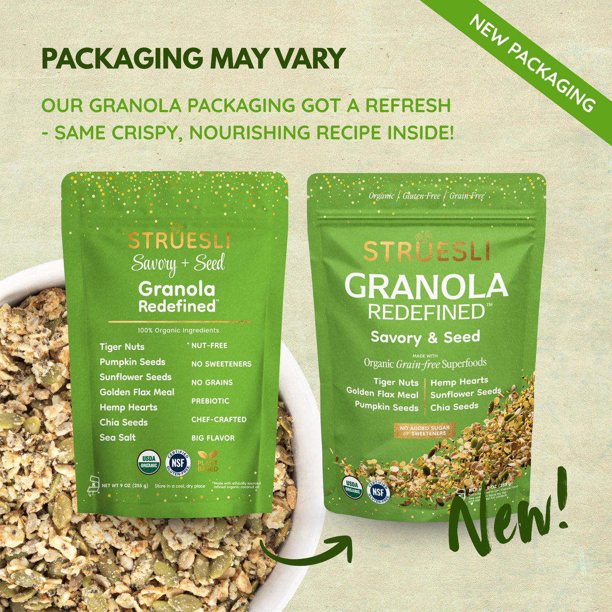 Struesli Savory & Seed Granola packaging highlighting keto and paleo friendly claim.
