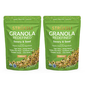 Struesli Savory & Seed granola pouch front shows grain-free crunch and portable snack option