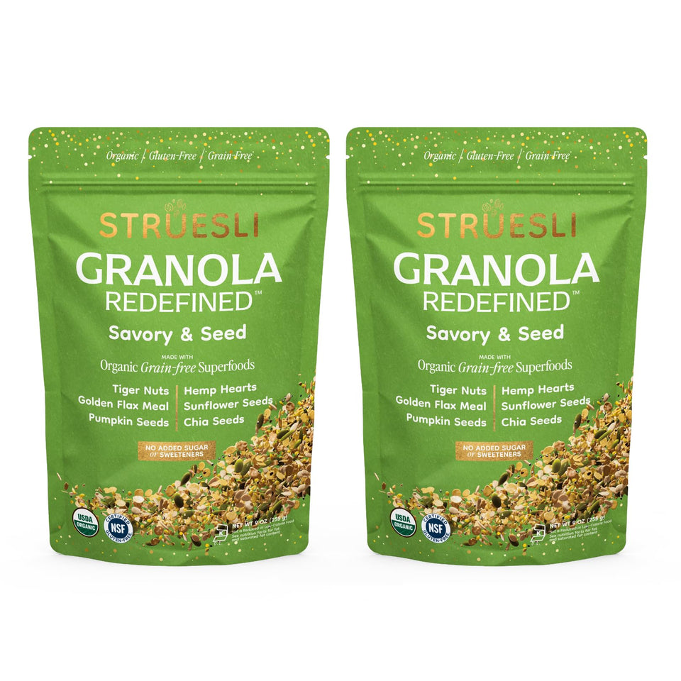 Struesli Savory & Seed granola pouch front shows grain-free crunch and portable snack option