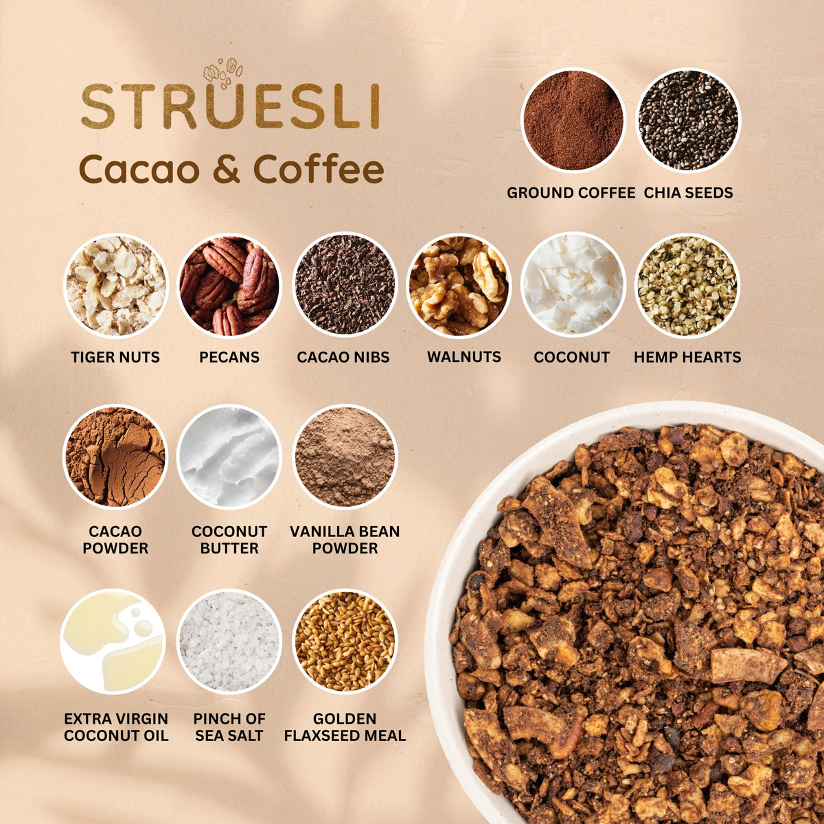 Struesli small-batch chef-crafted granola plated to convey premium quality.