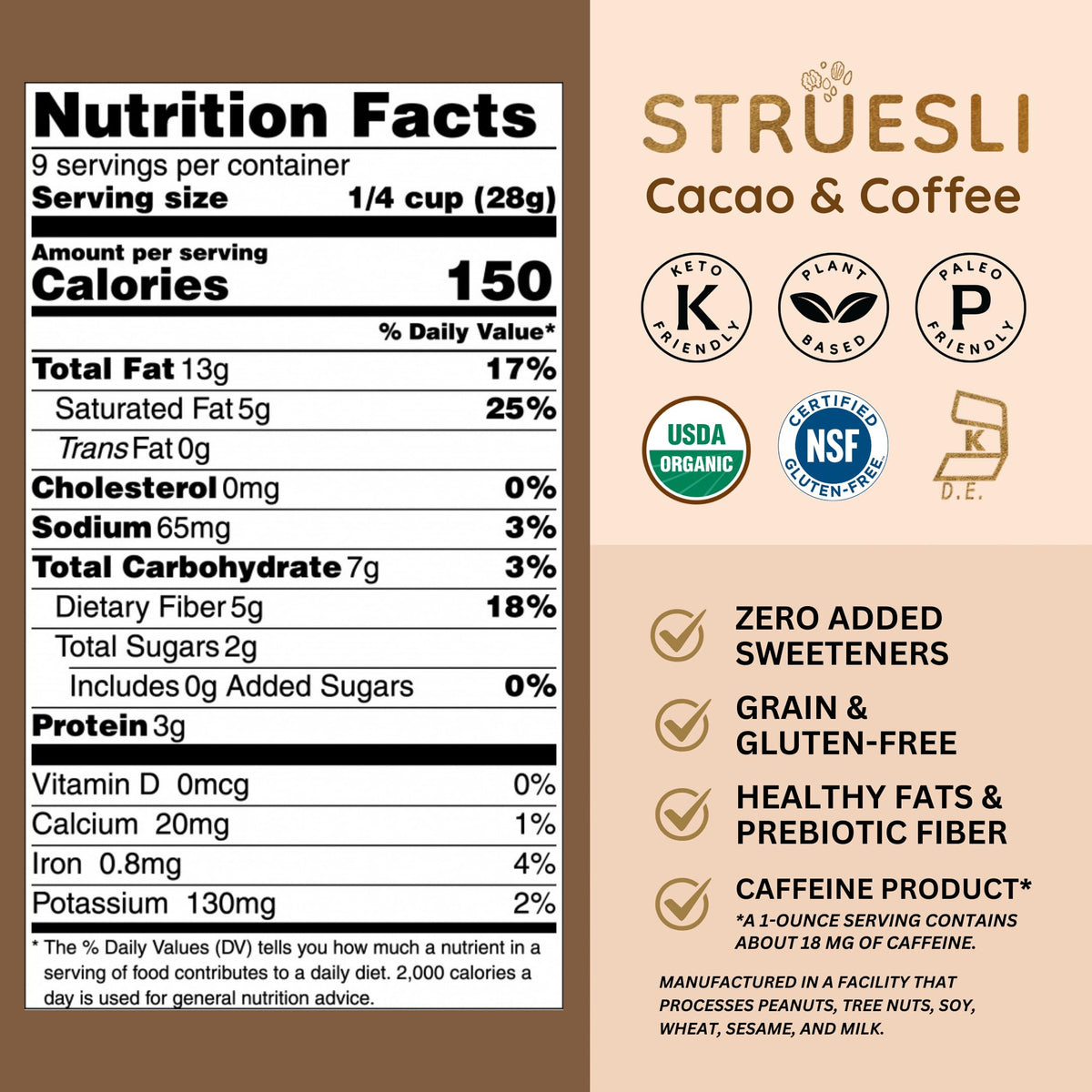 Struesli tiger nuts and pecans granola close-up emphasizes wholesome crunch and ingredients.