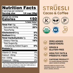 Struesli tiger nuts and pecans granola close-up emphasizes wholesome crunch and ingredients.