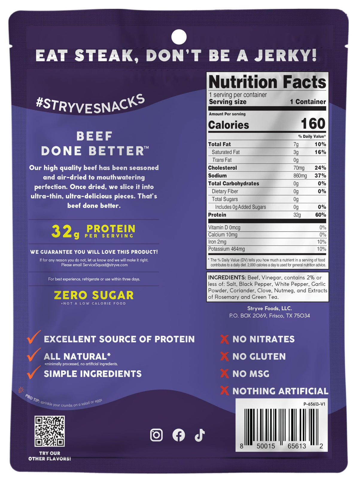 Stryve grass-fed beef biltong sliced snacks, zero sugar and zero carbs for on-the-go protein