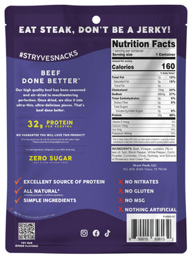Stryve grass-fed beef biltong sliced snacks, zero sugar and zero carbs for on-the-go protein