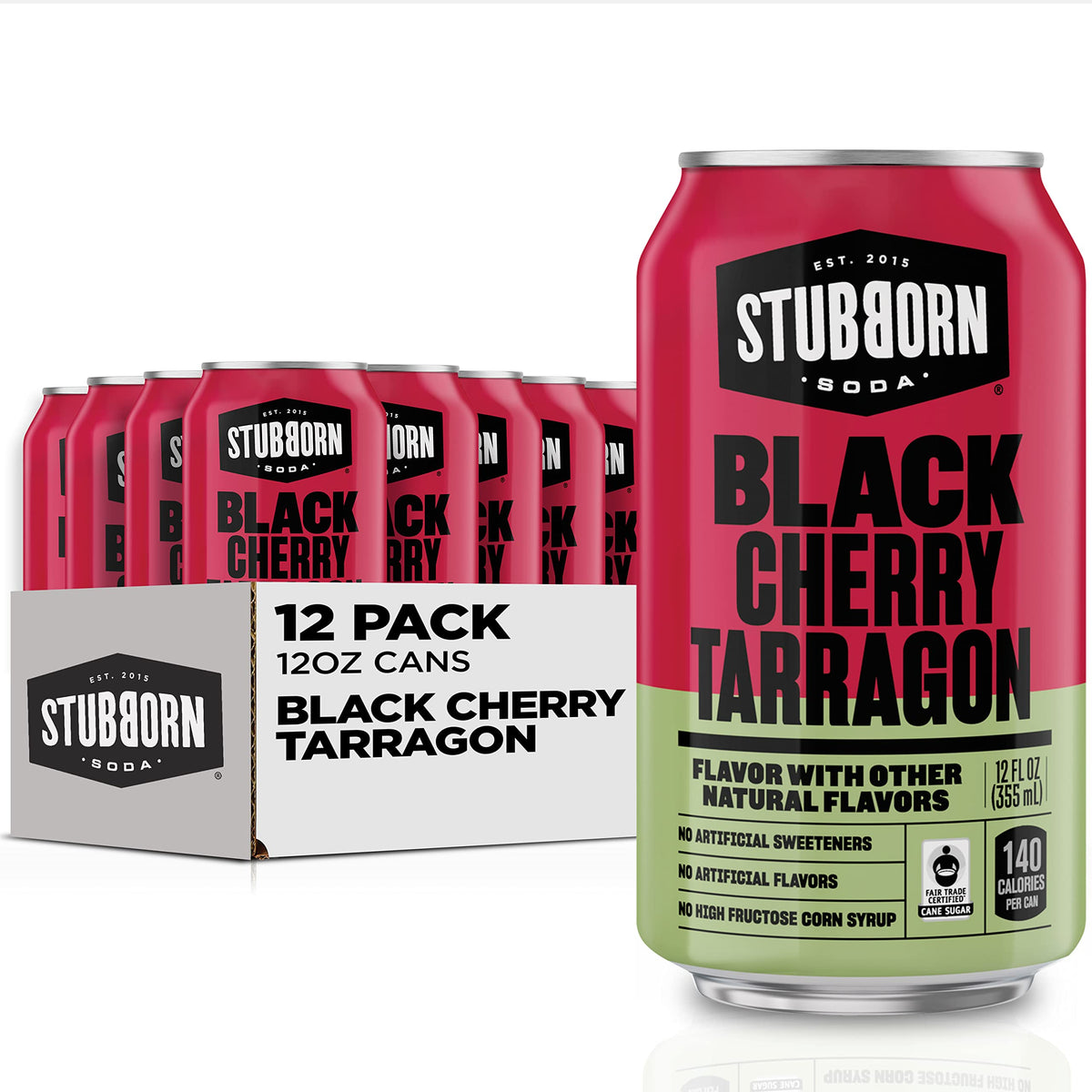Stubborn Soda Black Cherry Tarragon can close-up highlighting natural flavors for a refreshing, guilt-free break.