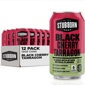 Stubborn Soda Black Cherry Tarragon can close-up highlighting natural flavors for a refreshing, guilt-free break.