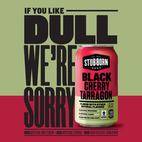 Stubborn Soda Black Cherry Tarragon 12-pack on table, ideal for gatherings and shared tastings.