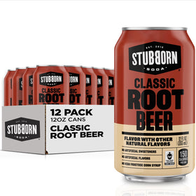 Stubborn Soda Classic Root Beer can showcasing rich, creamy flavor for family gatherings.