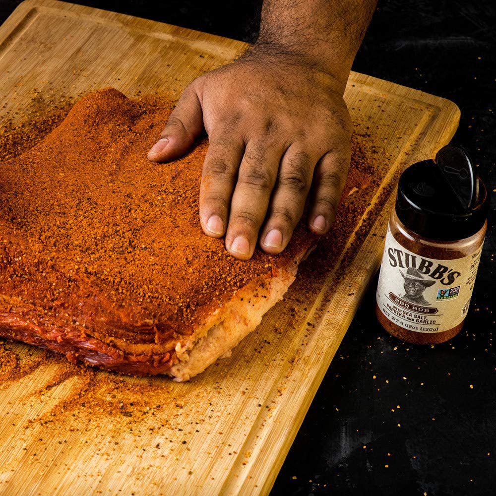Stubb's BBQ Rub pork on the grill for crust.