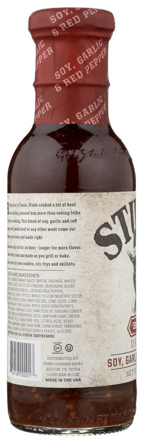 Stubb's Beef Marinade ingredients jar showcases soy and peppers for bold beef prep.