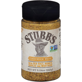 Stubb's Chicken Rub bottle on shelf offers bold Texas flavor for grilled chicken.