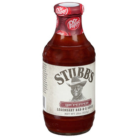 Stubb's Dr Pepper BBQ Sauce bottle pour reveals bold Texas flavor for grilling.