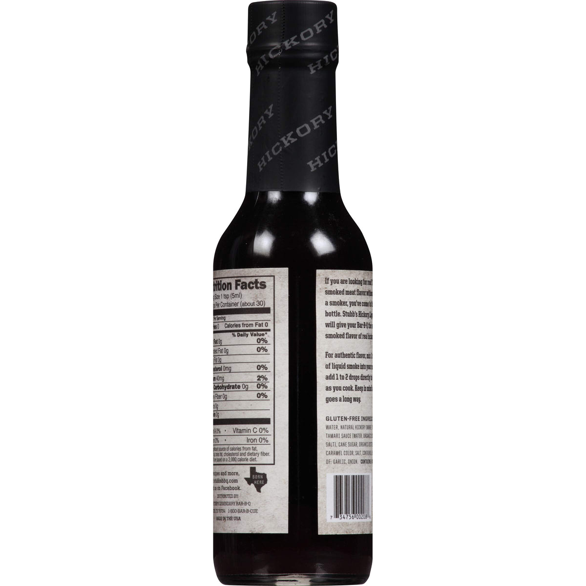 Stubb's Hickory Liquid Smoke label close-up with gluten-free claim