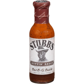 Stubb's Moppin' Sauce bottle and four-pack display for moisture-rich grilling.