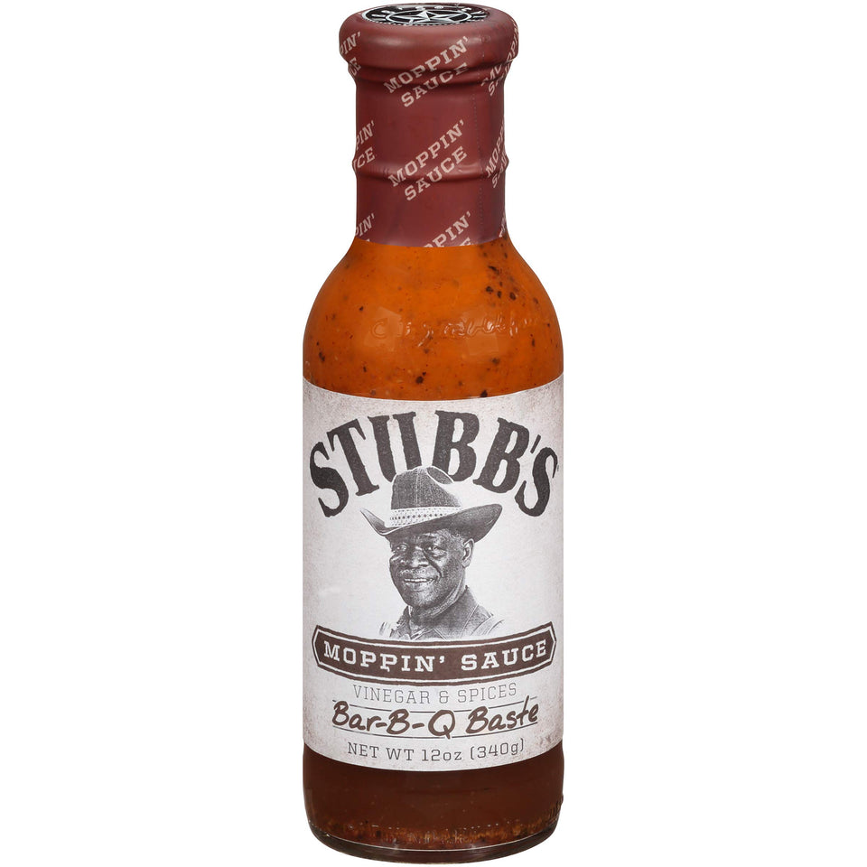 Stubb's Moppin' Sauce bottle and four-pack display for moisture-rich grilling.