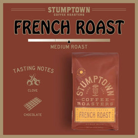 Stumptown French Roast coffee beans close-up, bold, smoky flavor hints for a classic dark cup.
