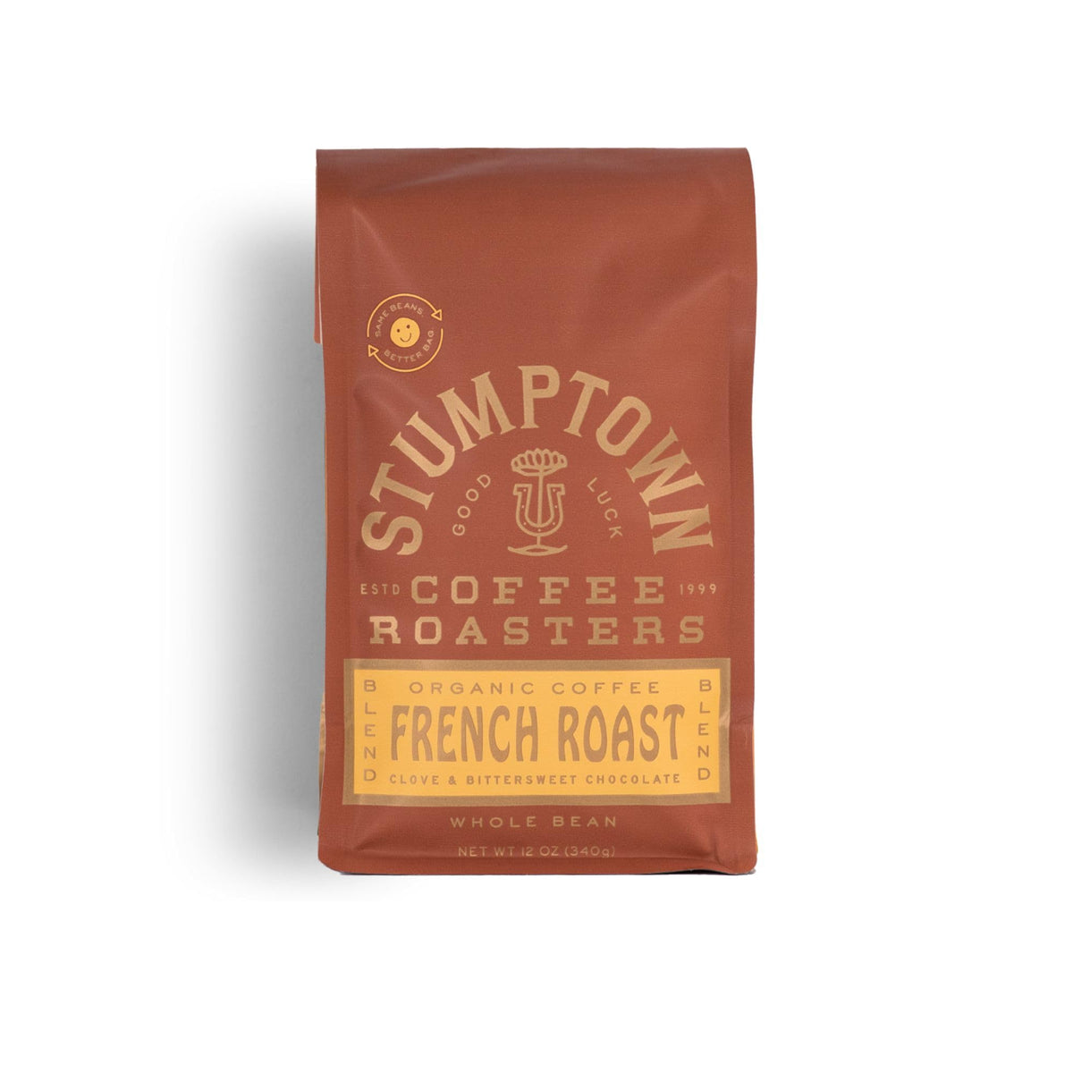 Stumptown French Roast Organic Coffee bag viewed front, rich aroma and versatile brewing appeal.