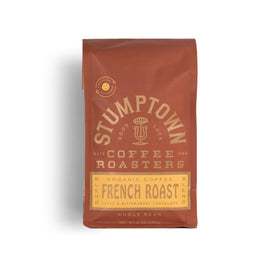 Stumptown French Roast Organic Coffee bag viewed front, rich aroma and versatile brewing appeal.