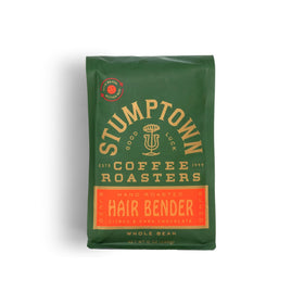 Stumptown Hair Bender 12oz bag label shows citrus and chocolate notes for everyday brewing.