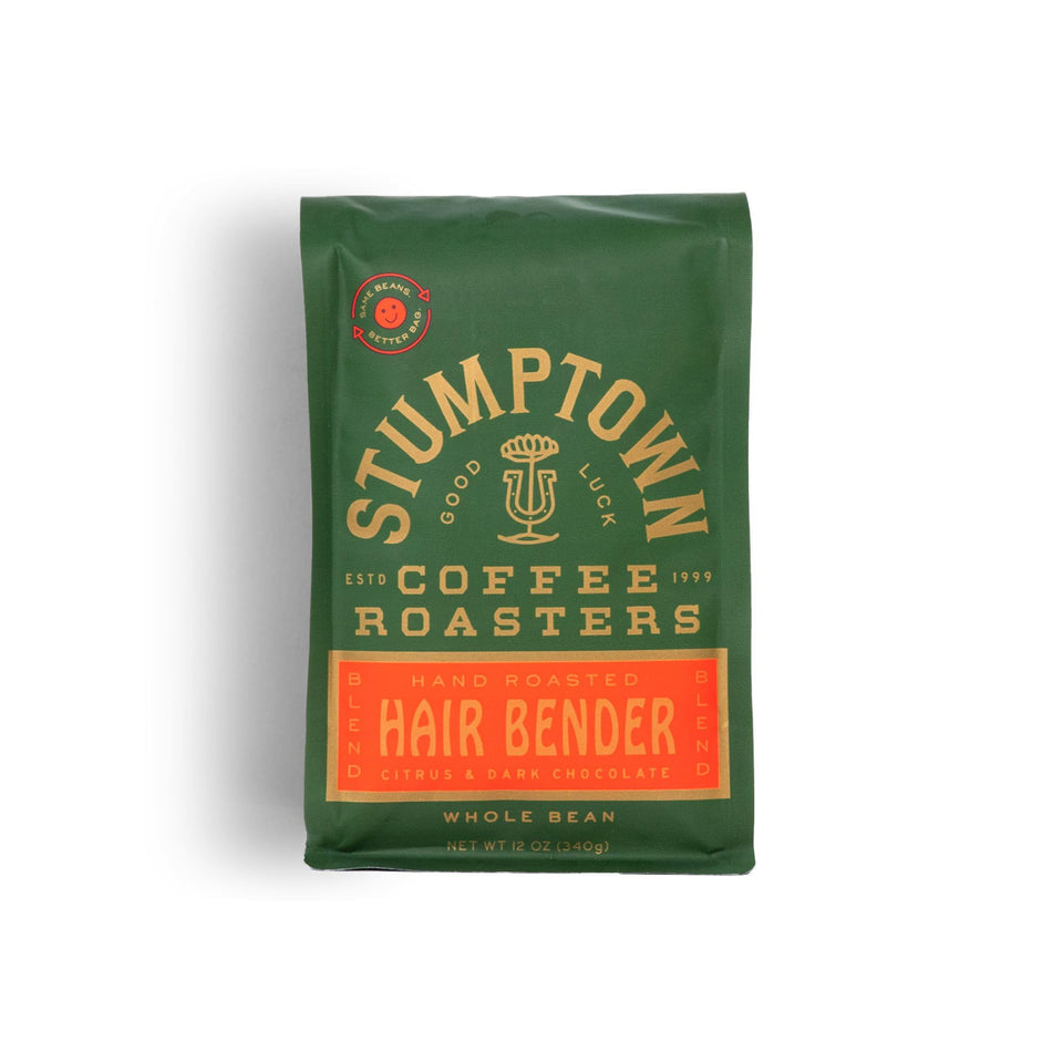 Stumptown Hair Bender 12oz bag label shows citrus and chocolate notes for everyday brewing.