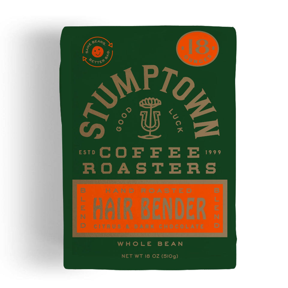 Stumptown Hair Bender 18oz bag front view for balanced flavor in home brewing.