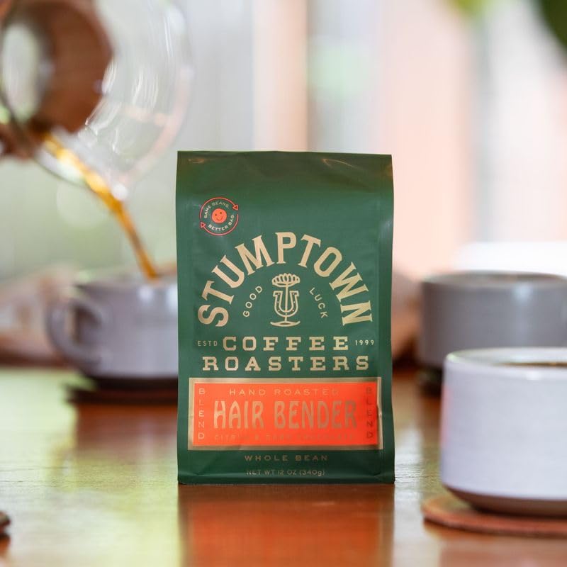 Stumptown Hair Bender ground coffee in portafilter, perfect for rich espresso.