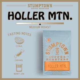 Stumptown Holler Mountain packaging highlights direct trade and organic certification