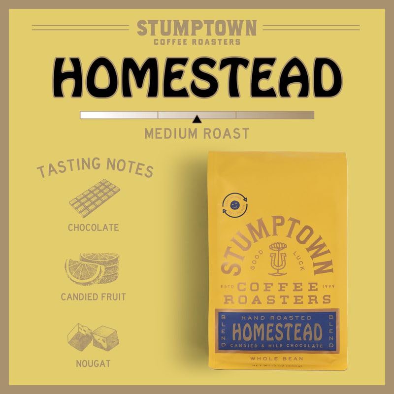 Stumptown Homestead coffee beans close-up highlighting chocolate, cherry, and orange notes.