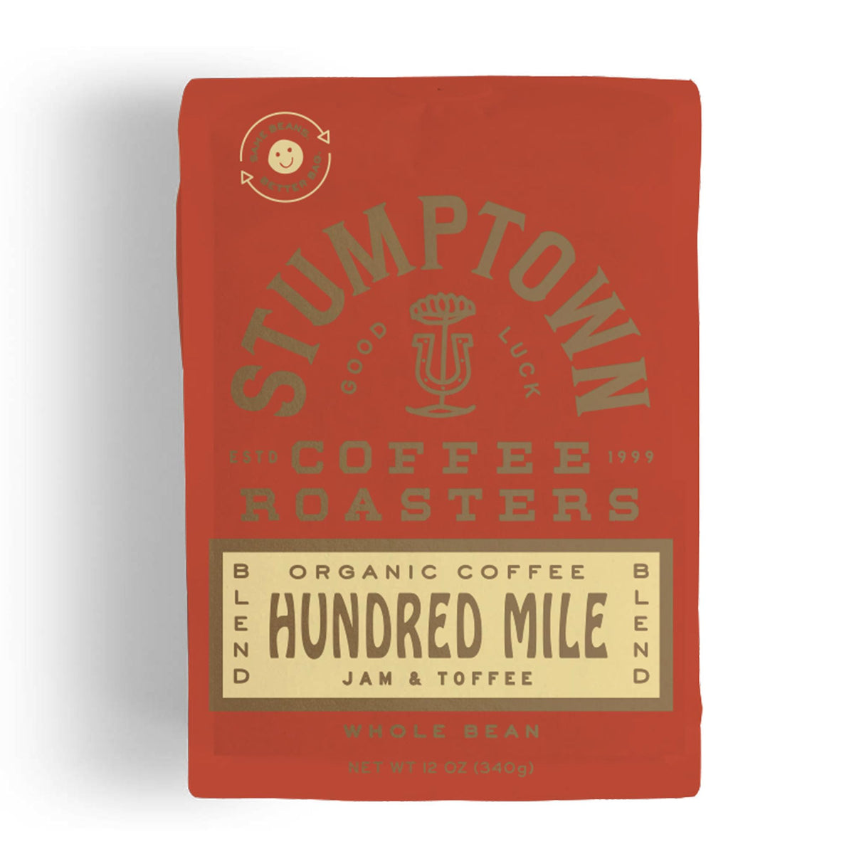 Stumptown Hundred Mile organic whole bean bag for fresh-ground brewing.