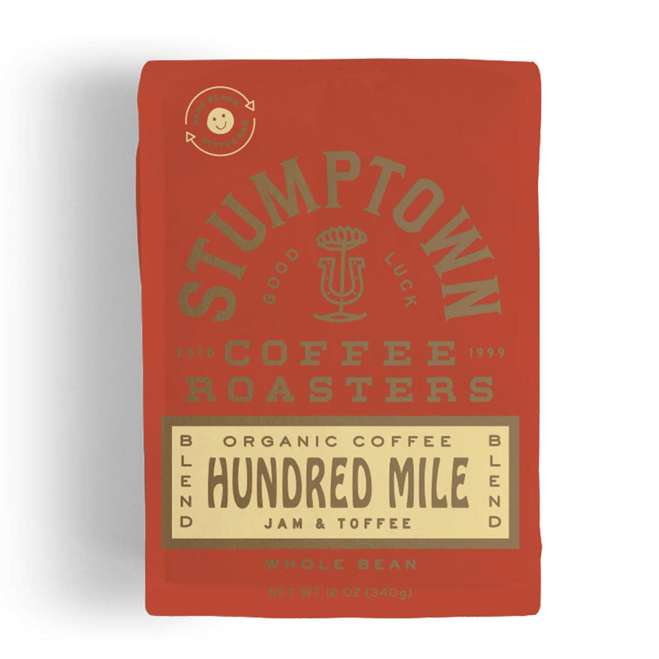 Stumptown Hundred Mile organic whole bean bag for fresh-ground brewing.