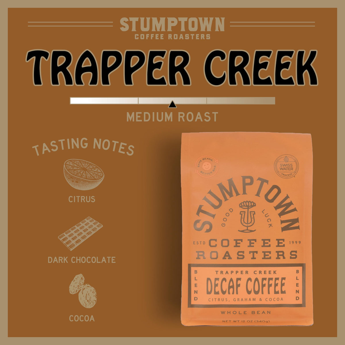 Stumptown Trapper Creek coffee beans close-up highlighting glossy texture and quality.