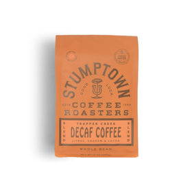 Stumptown Trapper Creek decaf bag on shelf signaling premium caffeine-free option.