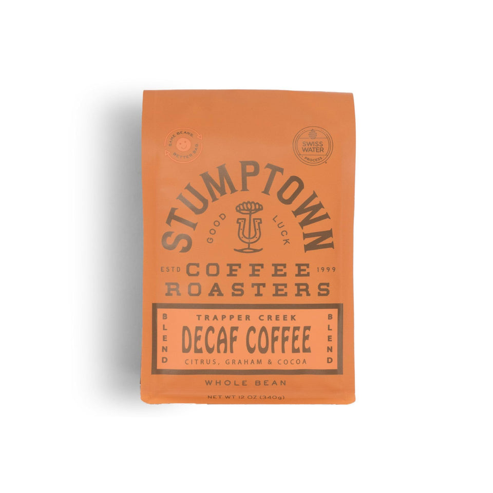 Stumptown Trapper Creek decaf bag on shelf signaling premium caffeine-free option.