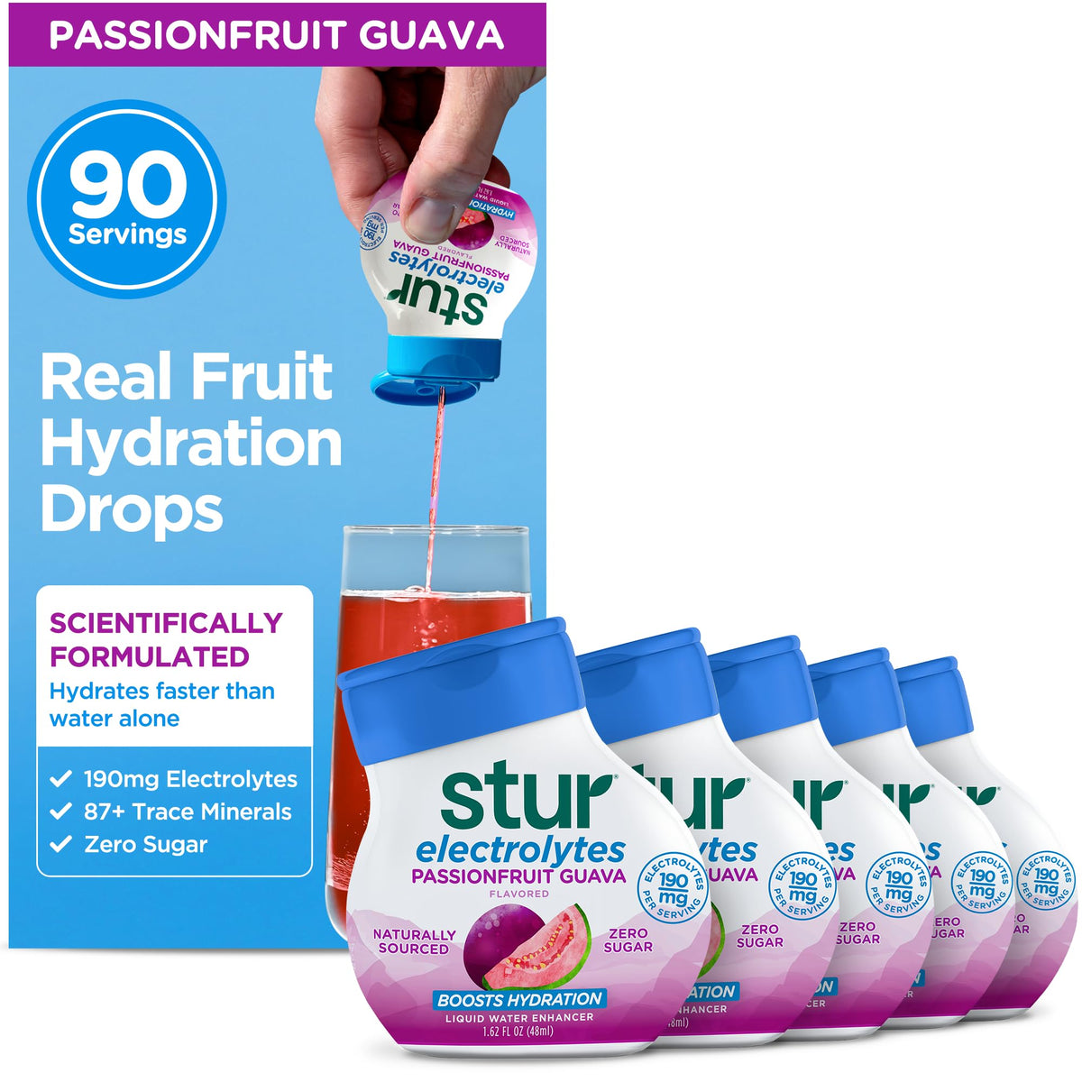 Stur Electrolyte Water Enhancer bottle with passionfruit guava flavor for on-the-go hydration.