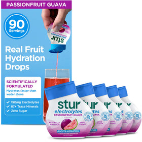 Stur Electrolyte Water Enhancer bottle with passionfruit guava flavor for on-the-go hydration.