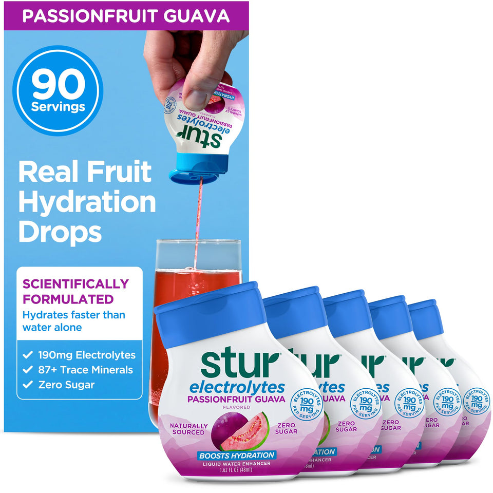 Stur Electrolyte Water Enhancer bottle with passionfruit guava flavor for on-the-go hydration.