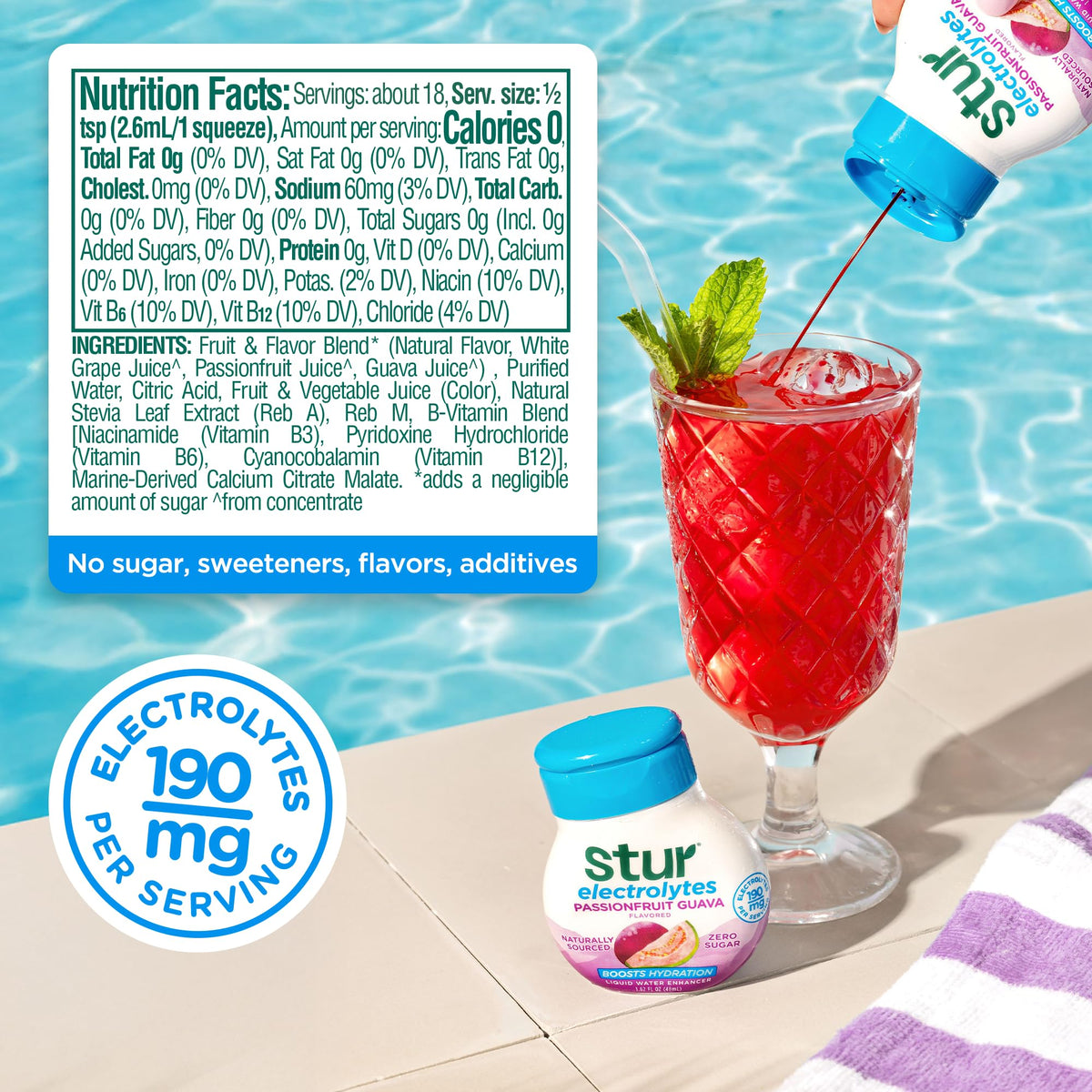 Stur Electrolyte Water Enhancer label featuring real fruit extracts and vegetable dyes.
