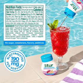 Stur Electrolyte Water Enhancer label featuring real fruit extracts and vegetable dyes.