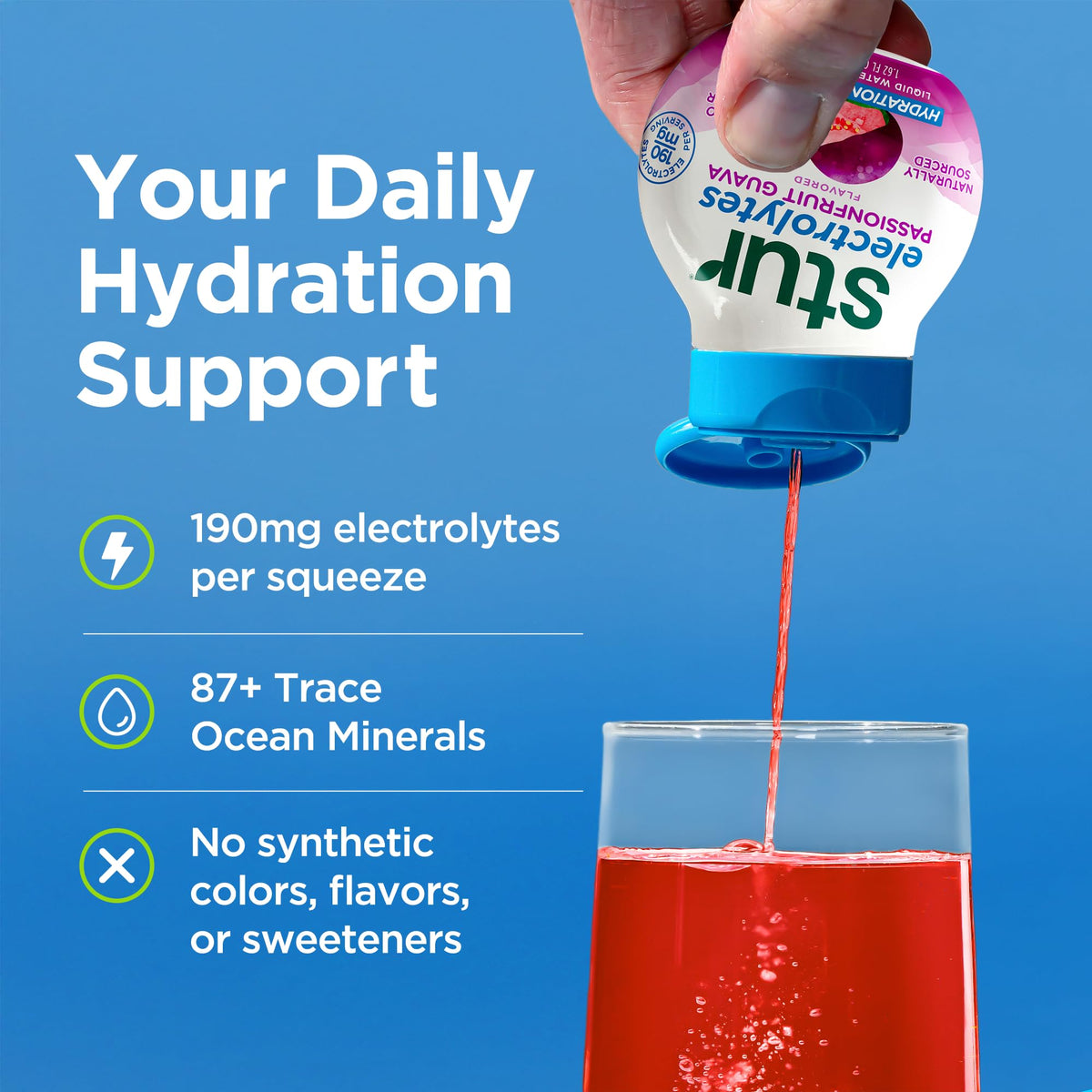Stur Electrolyte Water Enhancer pour showing quick mixing in water for hydration.