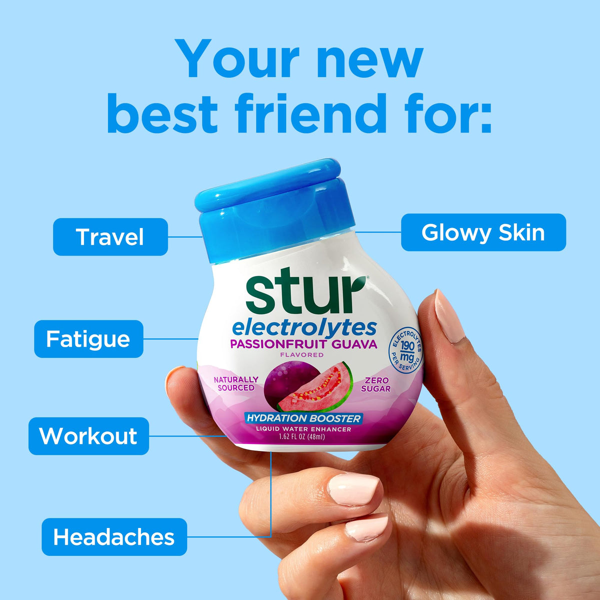 Stur Electrolyte Water Enhancer travel pack demonstrates portable hydration anywhere.