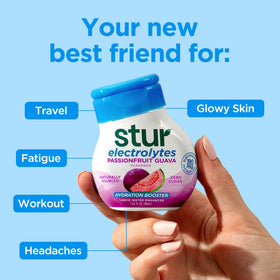Stur Electrolyte Water Enhancer travel pack demonstrates portable hydration anywhere.