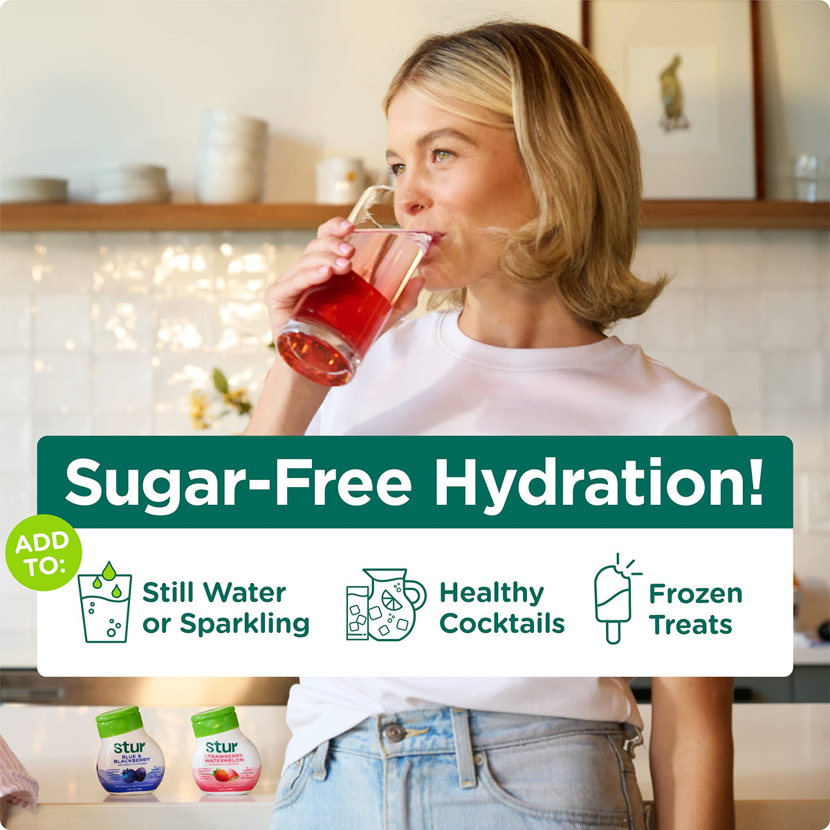 Stur Founder's Favorites flavor drops in water glass natural taste without sugar