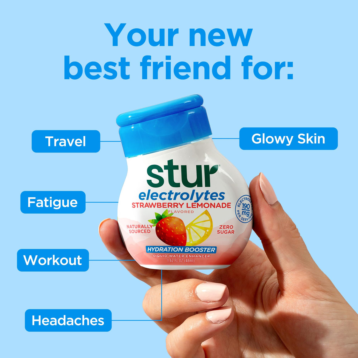 Front label detail on Stur bottle emphasizing zero sugar and vitamins.