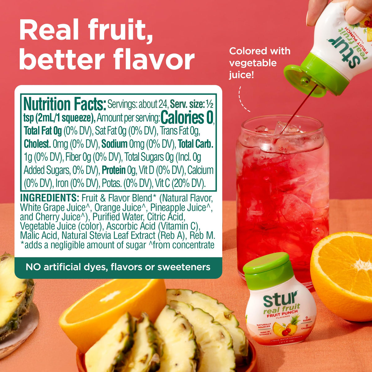 Stur Fruit Punch bottle side view showing zero calories and sugar-free formula