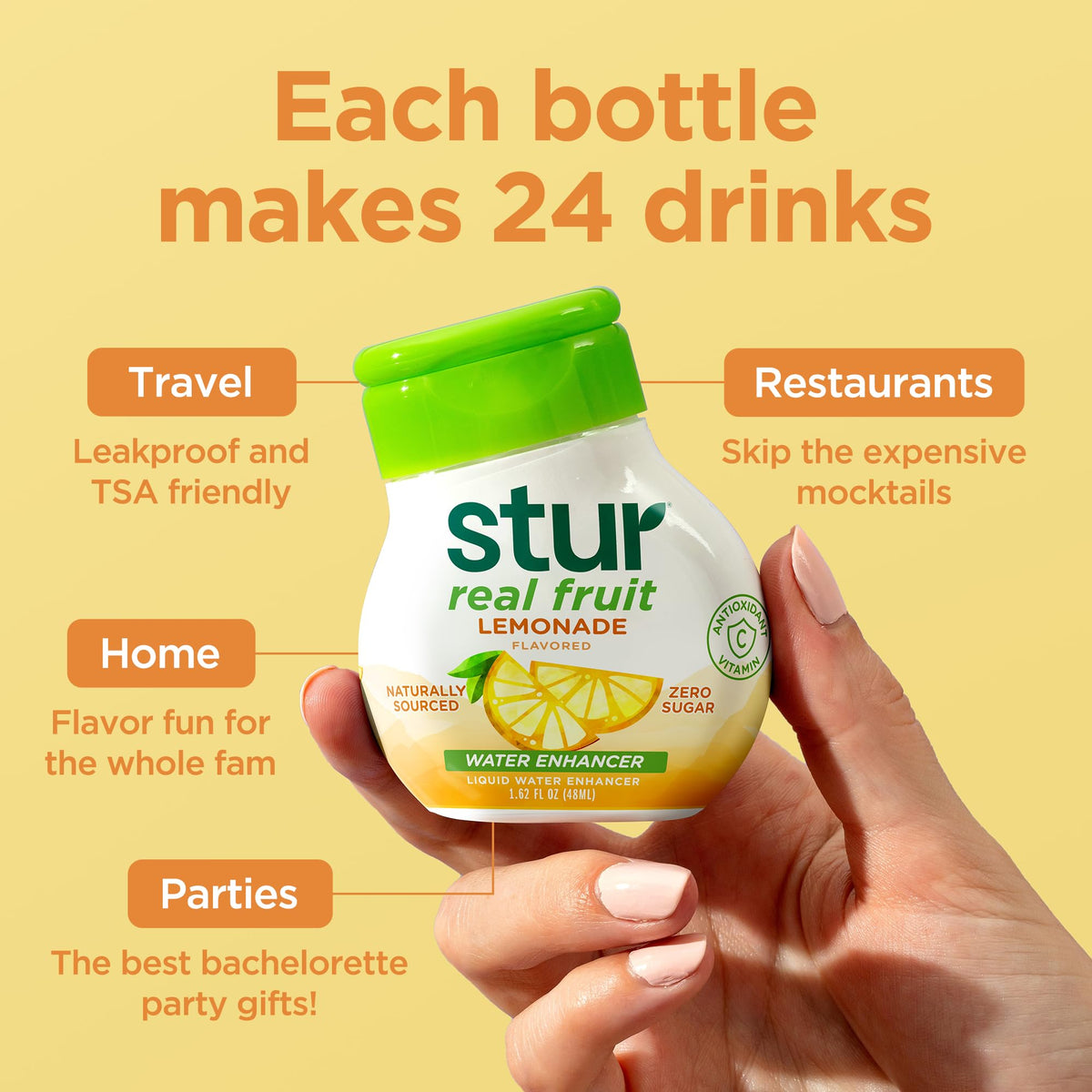 Stur Lemonade packaging shown for portable flavor on the move.