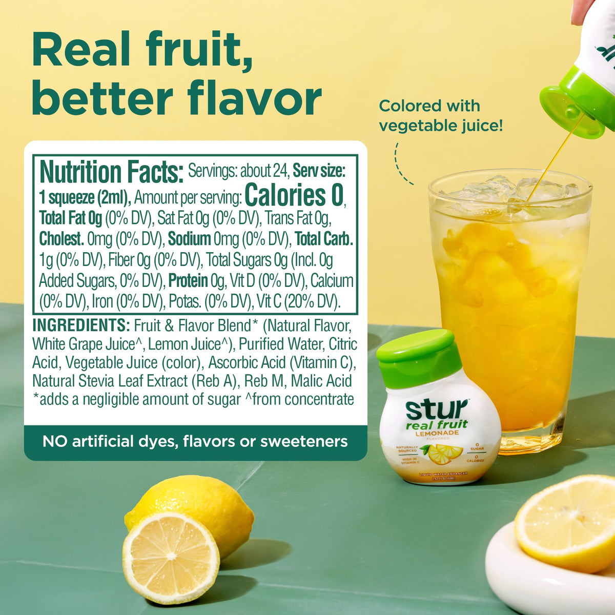 Stur Lemonade being poured into a glass for refreshing flavor.