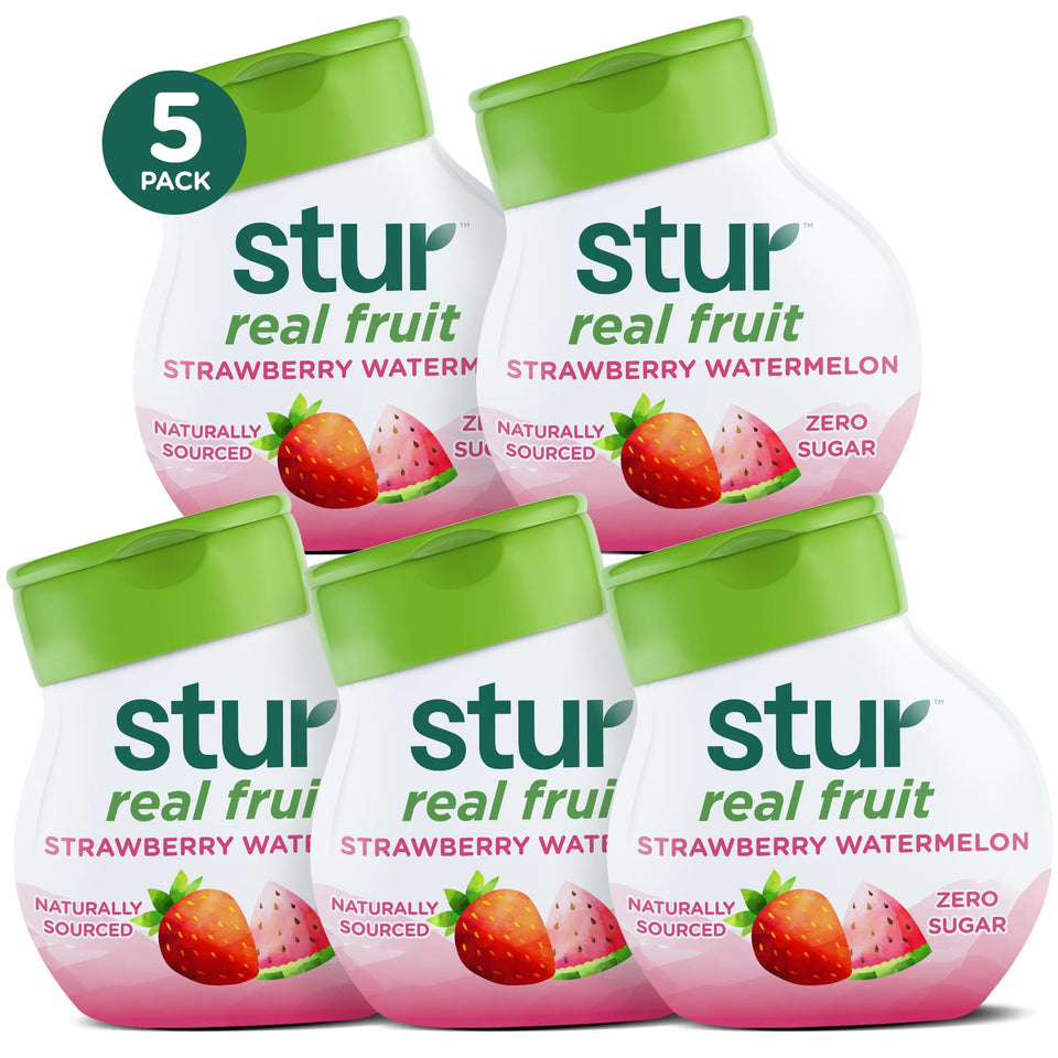 Stur liquid water enhancer bottle in strawberry-watermelon flavor for on-the-go hydration.