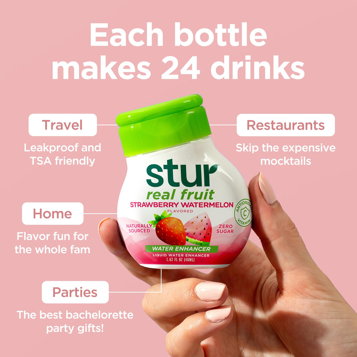 Stur packaging on a kitchen counter emphasizes sugar-free, vegan formula.